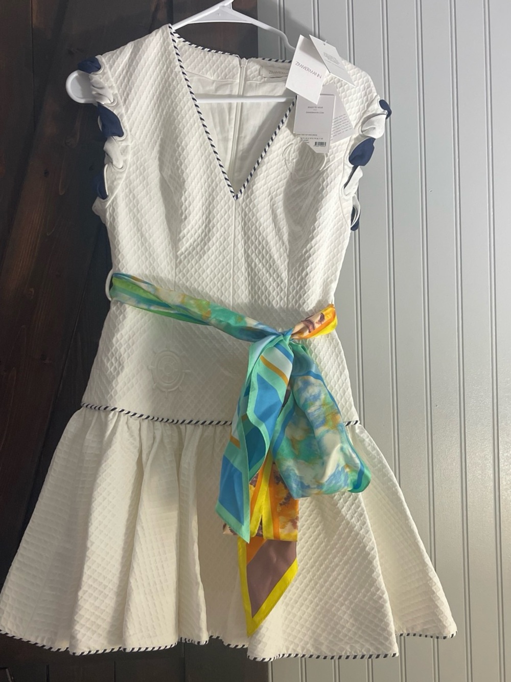 Zimmermann White Textured Girls' Dress with Navy Trim and Multicolor Sash